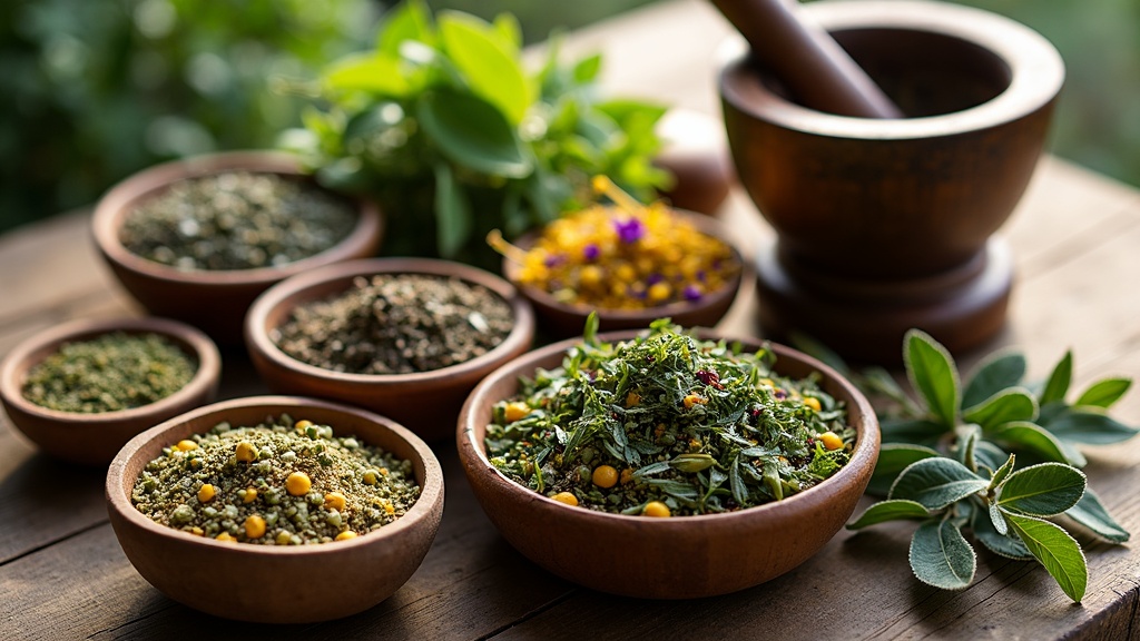 A calm setting with assorted dried herbs, tea, and a mortar and pestle on a wooden table, sunlight highlighting the textures, relaxing green and brown color scheme.